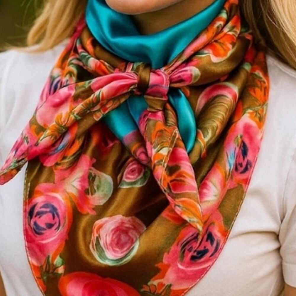 Blue & Pink Roses Western Wild Rag Scarf - Picture 3 of 3